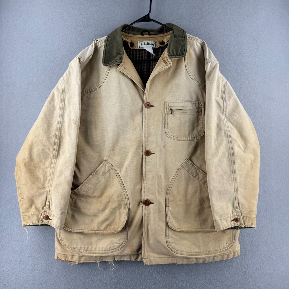 Vintage LL Bean Chore Coat Mens XL Tan Canvas Barn Jacket Flannel Lined Workwear